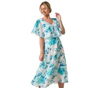 Roman Petite Floral Cape Chiffon Midi Dress for Women UK - Ladies Everyday Holiday Spring Summer V-Neckline Comfy Soft Evening Vacation Work Party - Petite Turqouise - Size 8