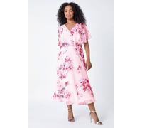 Roman Petite Floral Cape Chiffon Midi Dress for Women UK - Ladies Everyday Holiday Spring Summer V-Neckline Comfy Soft Evening Vacation Work Party - Petite Light Pink - Size 14