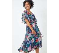 Roman Petite Floral Chiffon Cape Wrap Dress In Navy Navy 8