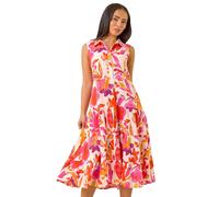 Roman Petite Cotton Pocket Tiered Midi Dress for Women UK - Ladies Everyday Holiday Spring Summer Shirt Collar Comfy Soft Evening Vacation Work Party - Pink - Size 18