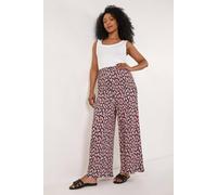 Roman Wide Leg Trousers for Women UK Ladies Palazzo Pants Evening Jersey Elasticated High Waist Smart Flared Culotte Office Work Going Out Loose Crepe Bottoms - Petite Pink Floral - Size 18