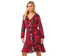 Roman Petite Floral Frill Detail Dress for Women UK - Ladies Everyday Autumn Winter V-Neckline Comfy Soft Evening Vacation Work Party Night Out - Petite Red - Size 16