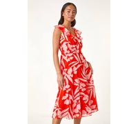 Roman Originals Frill Dress For Women UK Ladies Summer Wrap Chiffon Frill Hem Layered Belted Midi Maxi Tiered Cape Special Occasion Fit & Flare Wedding Guest Swing Skater - Petite Red Floral - Size 16