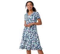 Roman Originals Tea Dress for Women UK Ladies Skater Swing Fit & Flare Flattering Summer Knee Length Frill Hem Ruched Chest Casual Smart Cocktail Party Going Out - Petite Floral Navy - Size 18