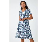Roman Originals Tea Dress for Women UK Ladies Skater Swing Fit & Flare Flattering Summer Knee Length Frill Hem Ruched Chest Casual Smart Cocktail Party Going Out - Petite Floral Navy - Size 16