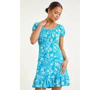 Roman Originals Women Gathered Chest Dress Ladies Stretchy Fit & Flare Swing Tea A Line Skater Empire Waist Ruched Knee Length Midi Smart Casual Work Going Out Party - Petite Turquoise - Size 14