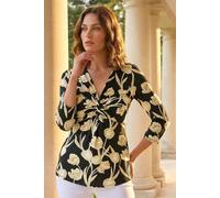 Roman Petite Floral Knot Front Stretch Top In Black Black