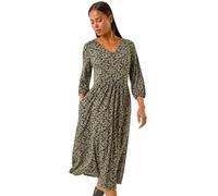 Roman Petite Floral Midi Dress for Women UK - Ladies Everyday Autumn Winter V-Neckline Comfy Soft Evening Vacation Work Party Night Out - Petite Khaki - Size 16