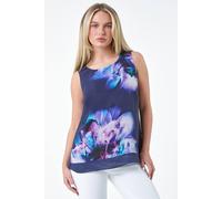Roman Petite Floral Overlay Sleeveless Top for Women UK - Ladies Spring Everyday Summer Holiday Round Neckline Comfy Woven Fabric Soft Keyhole Back Vest Dinner Date Blouses - Navy - Size 12