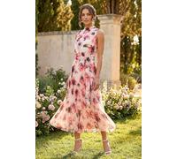 Roman Petite Floral Pleated Halter Neck Midi Dress In Red Red 14