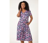 Roman Originals Stretchy Dress for Women UK Ladies Pockets Gathered Waist Ruched Chest Midi Holiday Spring Summer V Neckline Evening Vacation Work Party Going Out Soft - Petite Navy Multi - Size 8