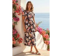 Roman Midi Dress with Pockets for Women UK Ladies Stretchy Jersey Maxi Long Short Sleeve Elasticated Gathered High Waist Boho Flattering Skater Swing Fit Flare - Petite Floral Rose - Size 16