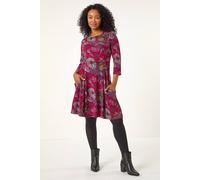 Roman Originals Tunic Dress with Pockets for Women UK Ladies Swing Fit & Flare Skater Slouch Stretchy Casual Smart Winter Jersey Pull On Work Office 3/4 Long Sleeves - Petite Wine - Size 14