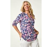 Roman Shirt for Women UK Ladies Top Collarless Blouse Stretchy Tunic Smart Casual Autumn Winter Jersey 3/4 Length Sleeve Notch V Neck Flattering Office Work - Petite Navy Floral - Size 16