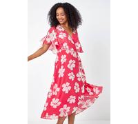 Roman Originals Frill Dress for Women UK Ladies Summer Wrap Chiffon Frill Hem Layered Belted Midi Maxi Tiered Cape Special Occasion Fit & Flare Wedding Guest Swing Skater - Coral - Size 14