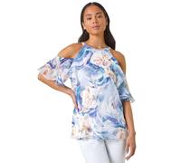 Roman Petite Floral Print Cold Shoulder Top for Women UK - Ladies Spring Everyday Summer Holiday Halter Neckline Comfy Short Sleeve Soft Frill Detail Shirt Dinner Date Blouses - Blue - Size 16