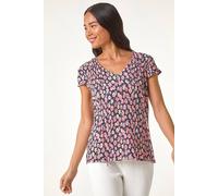Roman Petite Floral Print Crinkle V-Neck Top for Women UK - Ladies Spring Everyday Summer Holiday Short Sleeve Soft Plisse Fabric Comfy Pull On Shirt Day Out Blouses - Pink - Size 12