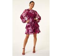 Roman Petite Floral Print Frill Swing Dress In Wine Wine 10