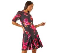 Roman Petite Floral Print Mesh Stretch Dress for Women UK - Ladies Everyday Autumn Winter Round Neckline Comfy Soft Evening Vacation Work Party Night Out - Petite Black - Size 16