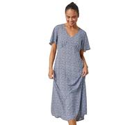 Roman Petite Floral Print Midi Dress for Women UK - Ladies Everyday Holiday Spring Summer V-Neckline Comfy Soft Evening Vacation Work Party - Navy - Size 12
