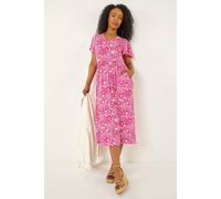 Roman Petite Floral Print Pocket Midi Dress In Pink Pink