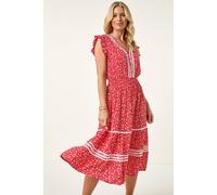 Roman Petite Floral Print RIC Rac Midi Dress for Women UK - Ladies Everyday Holiday Spring Summer V-Neckline Comfy Soft Evening Vacation Work Party - Petite Red - Size 14
