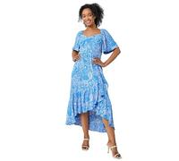 Roman Petite Floral Print Ruched Midi Dress for Women UK - Ladies Spring Everyday Summer Holiday Sweetheart Neckline Comfy Short Sleeve Soft Frock Frill Hem Gowns - Blue - Size 8