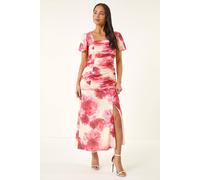 Roman Petite Floral Print Ruched Midi Dress In Pink