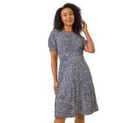 Roman Originals Women Gathered Chest Dress Ladies Stretchy Fit & Flare Swing Tea A Line Skater Empire Waist Ruched Knee Length Midi Smart Casual Work Going Out Party - Petite Navy Floral - Size 14