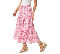 Roman Originals Gypsy Maxi Skirt for Women UK Ladies Tiered Bohemian Long Ankle Length Cotton Elasticated Waistband High Waist Monochrome Lounge Lightweight Holiday - Petite Floral Pink - Size 18