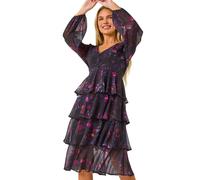 Roman Petite Floral Print Tiered Midi Dress for Women UK - Ladies Everyday Autumn Winter V-Neckline Comfy Soft Evening Vacation Work Party Night Out - Petite Black - Size 12