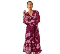 Roman Petite Floral Print Trim Midi Dress In Wine Wine 14