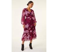 Roman Women's Petite Floral Print Trim Midi Dress in Wine | Size: 16 Roman Wine 16