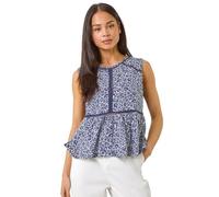 Roman Petite Floral Print Trim Vest Top for Women UK - Ladies Everyday Holiday Spring Summer Round Neckline Comfy Soft Evening Vacation Work Party - Petite Navy - Size 16