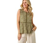 Roman Petite Floral Print Trim Vest Top for Women UK - Ladies Everyday Holiday Spring Summer Round Neckline Comfy Soft Evening Vacation Work Party - Petite Khaki - Size 14