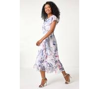 Roman Women's Petite Floral Print Wrap Frill Midi Dress in Grey | Size: 14 Roman Grey 14