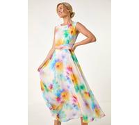 Roman Petite Spot Print Ruched Waist Midi Dress for Women UK - Ladies Everyday Holiday Spring Summer Round Neckline Comfy Soft Evening Vacation Work Party - Petite Floral Ivory - Size 12