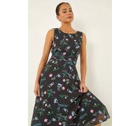 Roman Petite Floral Ruched Waist Midi Dress In Black Black 14