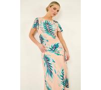 Roman Petite Floral Side Ruched Midi Dress In Peach Peach 14