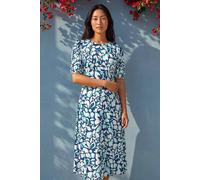 Roman Petite Floral Stretch Midi Dress for Women UK - Ladies Everyday Holiday Spring Summer Round Neckline Comfy Soft Evening Vacation Work Party - Navy - Size 10