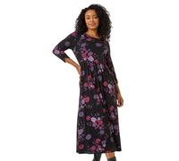Roman Originals Midi Dress with Pockets for Women UK Ladies Stretchy Jersey Maxi Long 3/4 Length Sleeve Gathered High Waist Boho Flattering Skater Swing Fit Flare - Petite Purple Noir - Size 14