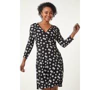 Roman Originals Wrap Tea Dress for Women UK Ladies Fit Flare Skater Swing Stretch Frill Long & Short Sleeve Evening Cocktail Party Work Office Smart Casual Knee Length - Petite Noir - Size 14