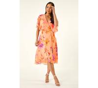 Roman Petite Floral Tie Front Cape Dress In Peach Peach 18