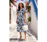 Roman Women's Petite Floral Tie Front Stretch Midi Dress in Blue | Size: 16 Roman Blue 16