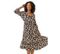 Roman Petite Floral Tiered Midi Dress for Women UK - Ladies Everyday Autumn Winter V-Neckline Comfy Soft Evening Vacation Work Party Night Out - Petite Black - Size 18