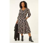 Roman Petite Floral Tiered Midi Dress for Women UK - Ladies Everyday Autumn Winter V-Neckline Comfy Soft Evening Vacation Work Party Night Out - Petite Black - Size 14