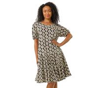 Roman Petite Floral Tiered Smock Dress for Women UK - Ladies Everyday Holiday Spring Summer Round Neckline Comfy Soft Evening Vacation Work Party - Petite Black - Size 8