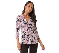 Roman Petite Floral Twist Stretch Top for Women UK - Ladies Autumn Everyday Winter Holiday V-Neckline Comfy Short Sleeve Soft Knot Detail Blouse Daywear Shirts - Petite Noir - Size 14