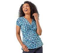 Roman Petite Floral Twist Stretch Top for Women UK - Ladies Autumn Everyday Winter Holiday V-Neckline Comfy Short Sleeve Soft Knot Detail Blouse Daywear Shirts - Petite Turquoise - Size 12