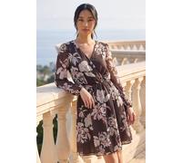 Roman Petite Floral Wrap Dress In Chocolate Chocolate